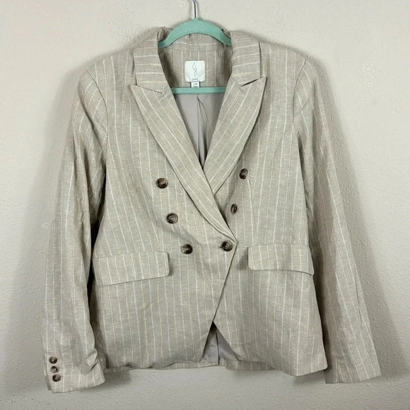 Joie Blazer Jacket Sz Large in Beige Linen Blend Striped Ivory Lined - Picture 1 of 13
